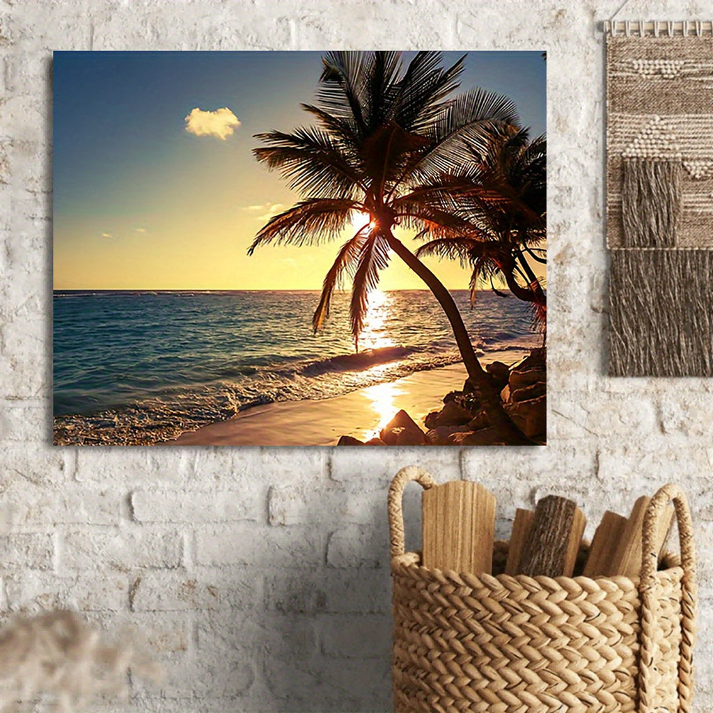 Sunset Beach Palm Tree Canvas Wall Art - 12x16 Inch, Unframed, Home Office Decor