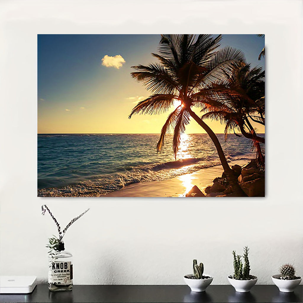 Sunset Beach Palm Tree Canvas Wall Art - 12x16 Inch, Unframed, Home Office Decor