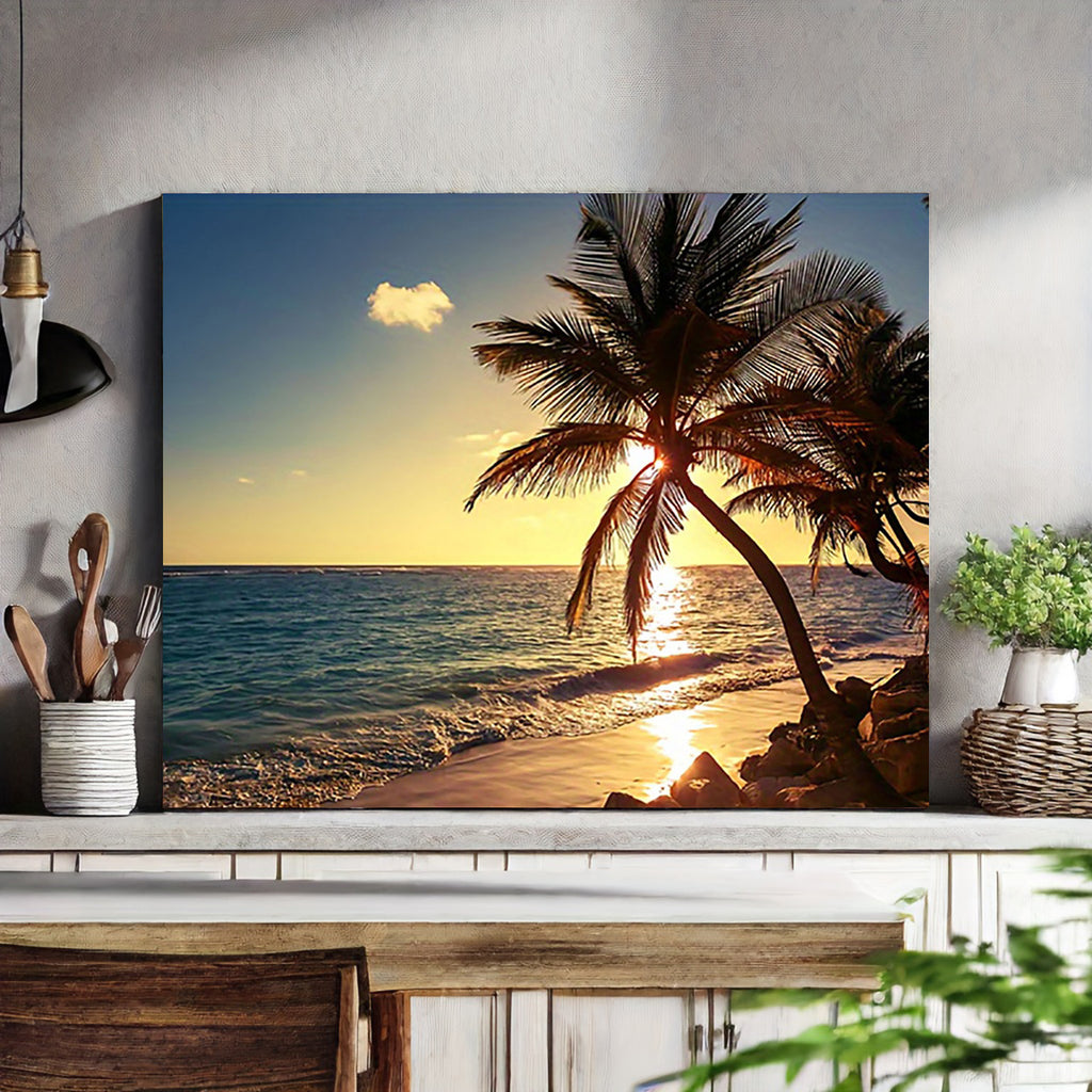 Sunset Beach Palm Tree Canvas Wall Art - 12x16 Inch, Unframed, Home Office Decor