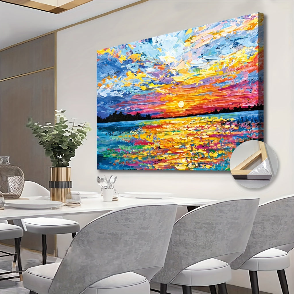 Oversized Wooden Frame Canvas Wall Art: Ocean Sunset Painting Print, Can Be Hung Directly, Suitable for Living Room, Bedroom, Family Office Decorations