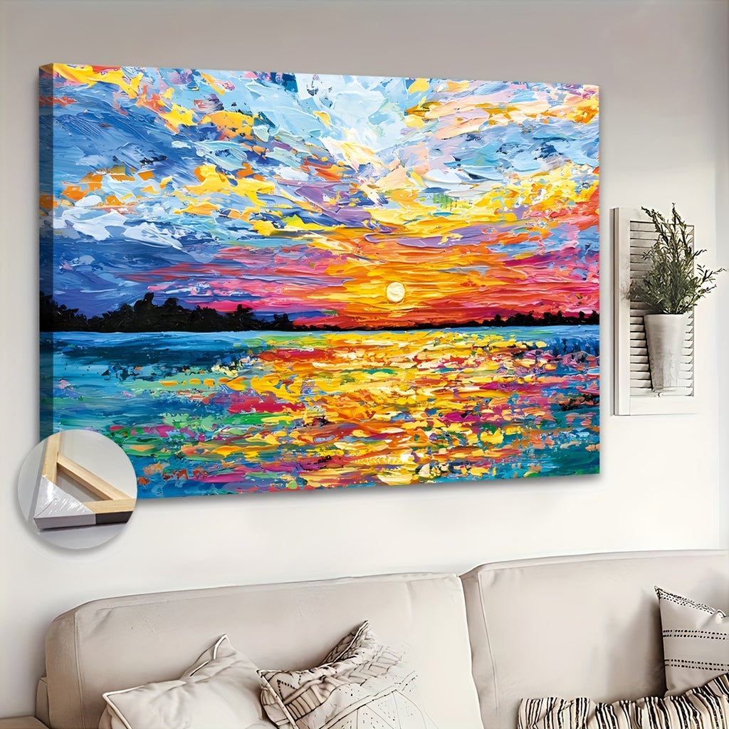 Oversized Wooden Frame Canvas Wall Art: Ocean Sunset Painting Print, Can Be Hung Directly, Suitable for Living Room, Bedroom, Family Office Decorations