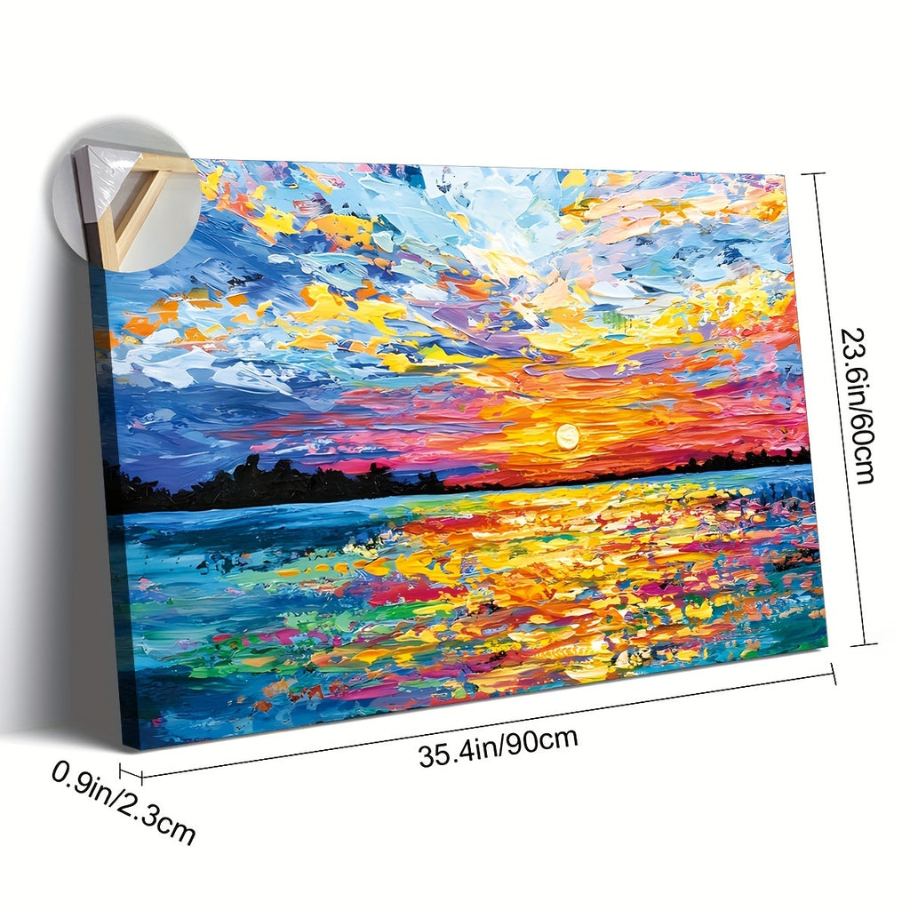 Oversized Wooden Frame Canvas Wall Art: Ocean Sunset Painting Print, Can Be Hung Directly, Suitable for Living Room, Bedroom, Family Office Decorations