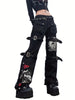 Vintage-Inspired High Waist Cargo Jeans for Women with Metal Buckle Belt - Cotton Blend, Non-Stretch, Geometric Pattern, All-Season Wear