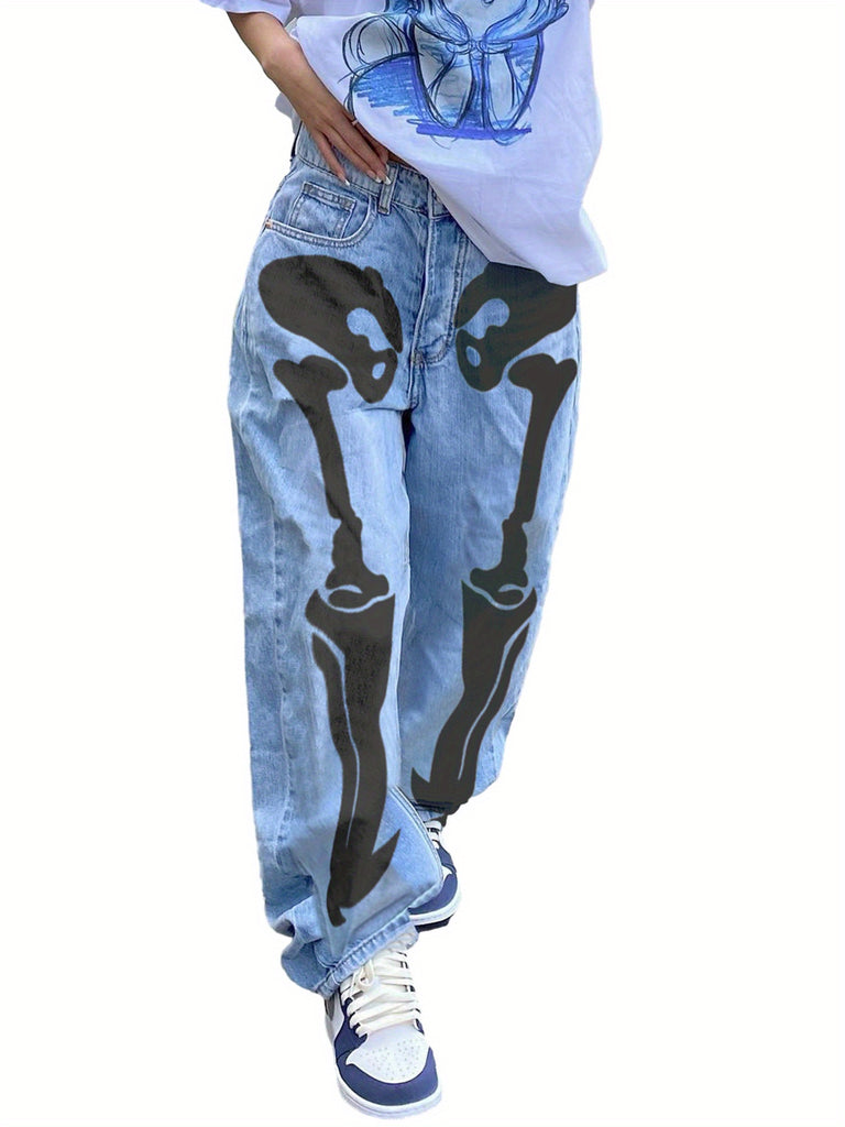 Women's High-Waist Skull Print Denim Jeans - Casual Straight Leg with Pockets, Cotton, Machine Washable