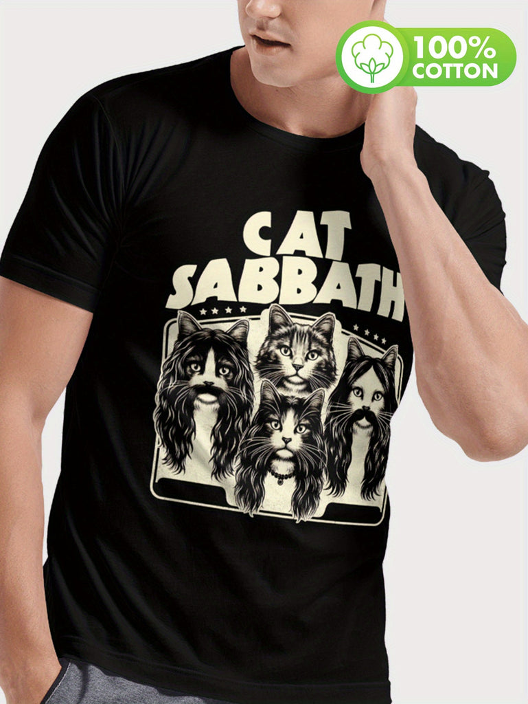 Cotton, Men's Creative Top, Casual Short Sleeve Crew Neck T-shirt, Men's Clothing for Summer Outdoor, Funny, Suggest A Larger Size, Cat Sabbath