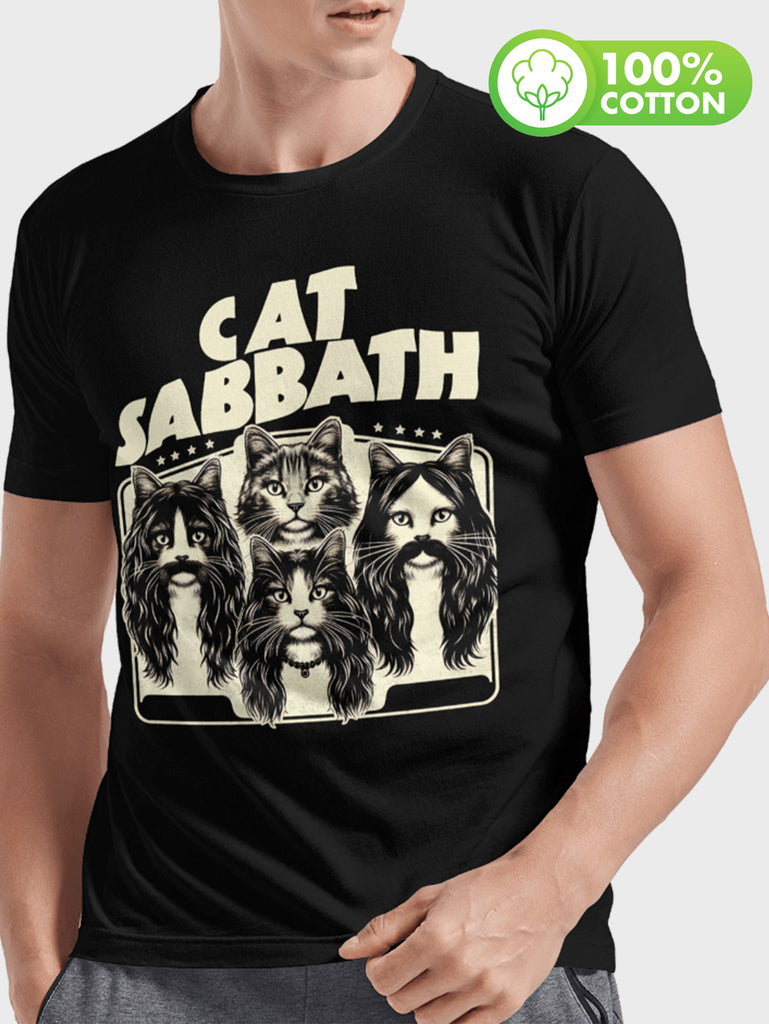 Cotton, Men's Creative Top, Casual Short Sleeve Crew Neck T-shirt, Men's Clothing for Summer Outdoor, Funny, Suggest A Larger Size, Cat Sabbath