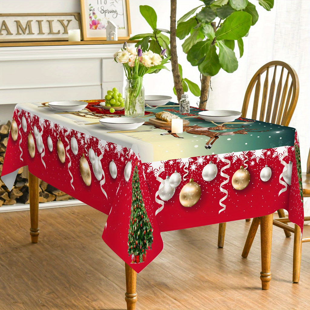 1pc Santa Claus And Reindeer Pattern Christmas Theme Polyester Tablecloth, Waterproof, Oil-Repellent, Stain-Repellent, Washable Table Cover, Decorative Rectangular Tablecloth for Restaurants, Christmas Parties, Outdoor Picnics