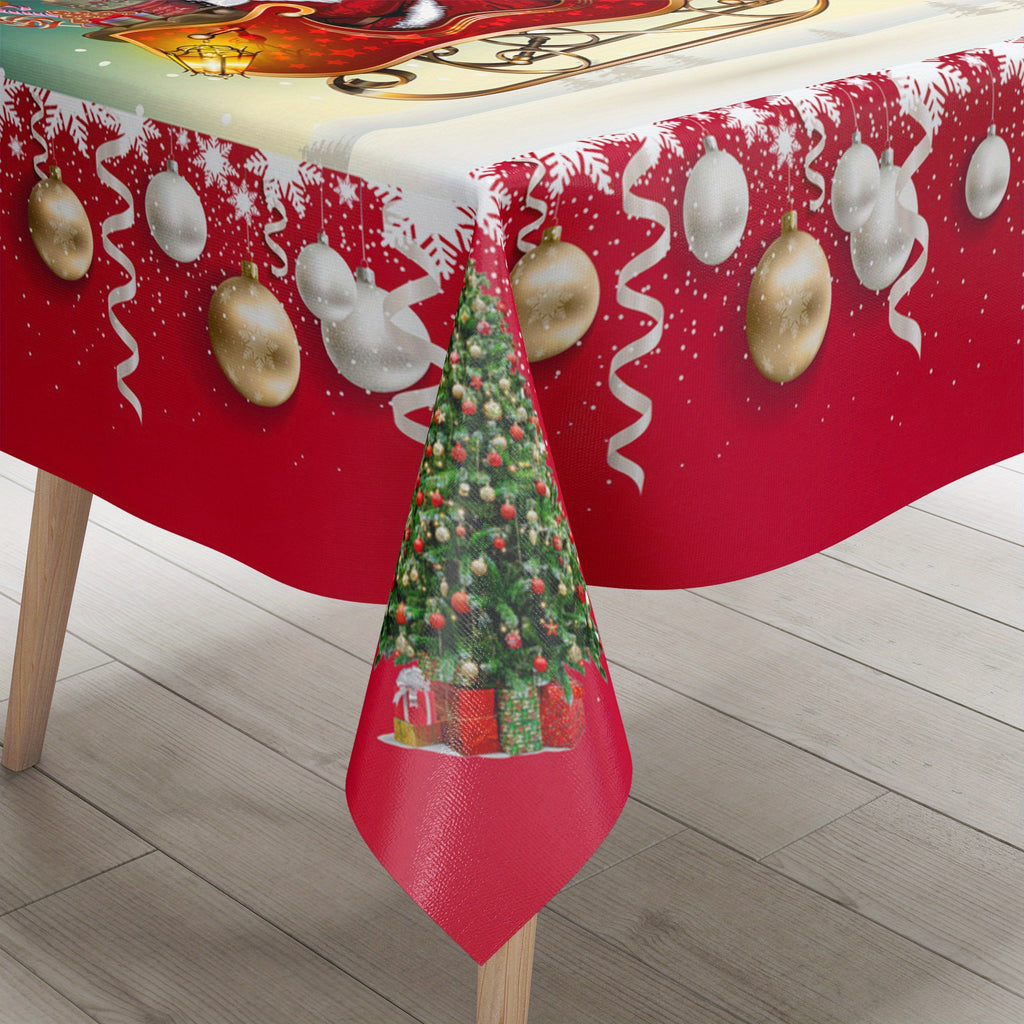 1pc Santa Claus And Reindeer Pattern Christmas Theme Polyester Tablecloth, Waterproof, Oil-Repellent, Stain-Repellent, Washable Table Cover, Decorative Rectangular Tablecloth for Restaurants, Christmas Parties, Outdoor Picnics