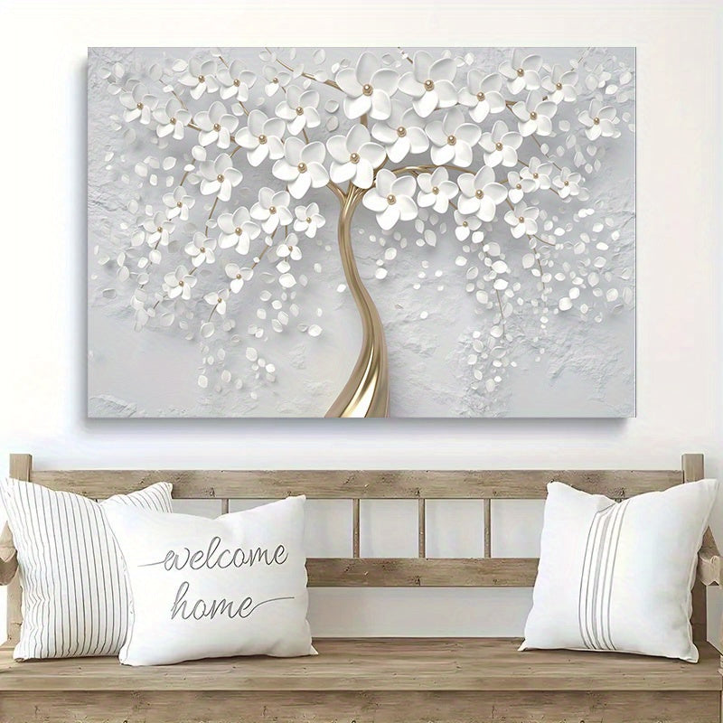 1Pc Wooden Framed 30x45cm/ 12*18in Nordic white flower oil print canvas painting, modern art, living room and bedroom decorative wall art, ideal decoration for luxury background wall, home decorati