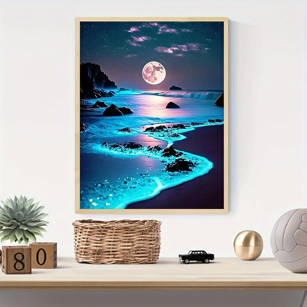 Luminous Moonlit Seascape Canvas Wall Art Poster 1pc, Frameless Ocean Night Scene Print, Glowing Beach Decor for Home, Bedroom, Living Room, Bathroom, Office, Cafe - 12x16 inches