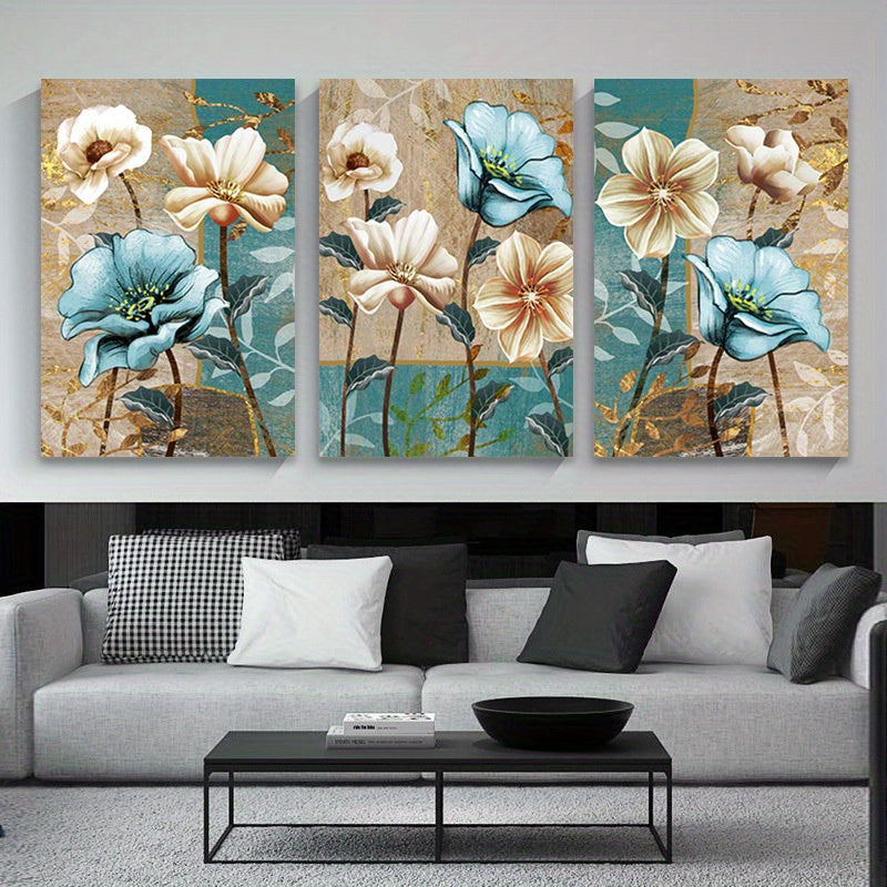 1pc Framed 30x45cm/ 12*18in Lotus Flowers Wall Art Floral Canvas Wall Decor Brown and Blue Print Painting Modern Artwork Abstract Picture for Living Room Bedroom Bathroom Farmhouse Kitchen Office