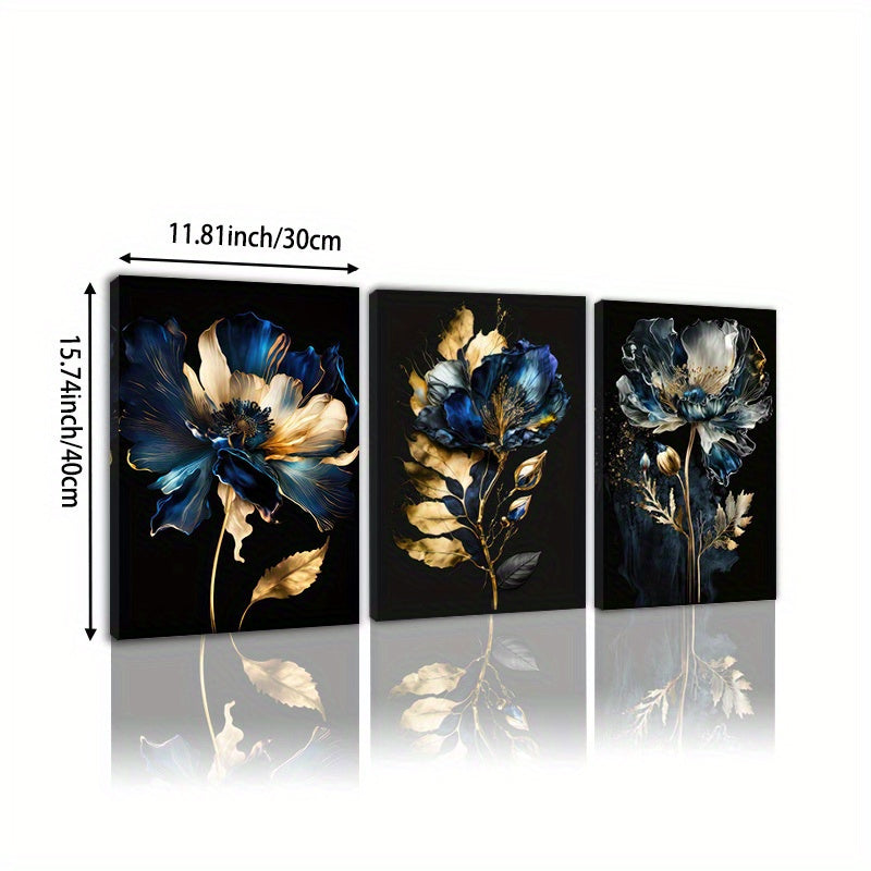 3 Piece Framed 30x45cm/ 12*18in Abstract Golden Blue Flower Canvas Painting Blue and Black Wall Art Modern Flower Wall Art Nordic Poster and Prints Modern Painting Wall Art Picture Living Room Home