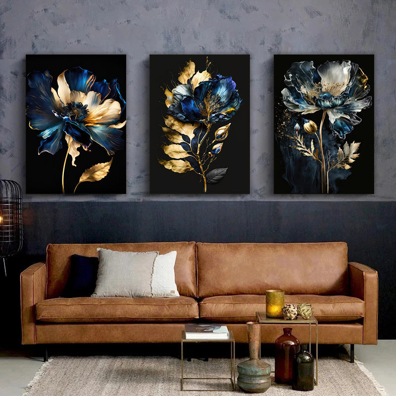 3 Piece Framed 30x45cm/ 12*18in Abstract Golden Blue Flower Canvas Painting Blue and Black Wall Art Modern Flower Wall Art Nordic Poster and Prints Modern Painting Wall Art Picture Living Room Home