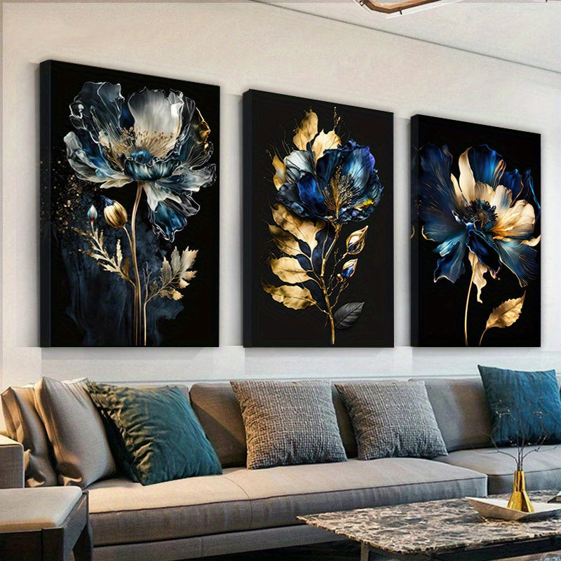 3 Piece Framed 30x45cm/ 12*18in Abstract Golden Blue Flower Canvas Painting Blue and Black Wall Art Modern Flower Wall Art Nordic Poster and Prints Modern Painting Wall Art Picture Living Room Home