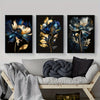 3 Piece Framed 30x45cm/ 12*18in Abstract Golden Blue Flower Canvas Painting Blue and Black Wall Art Modern Flower Wall Art Nordic Poster and Prints Modern Painting Wall Art Picture Living Room Home