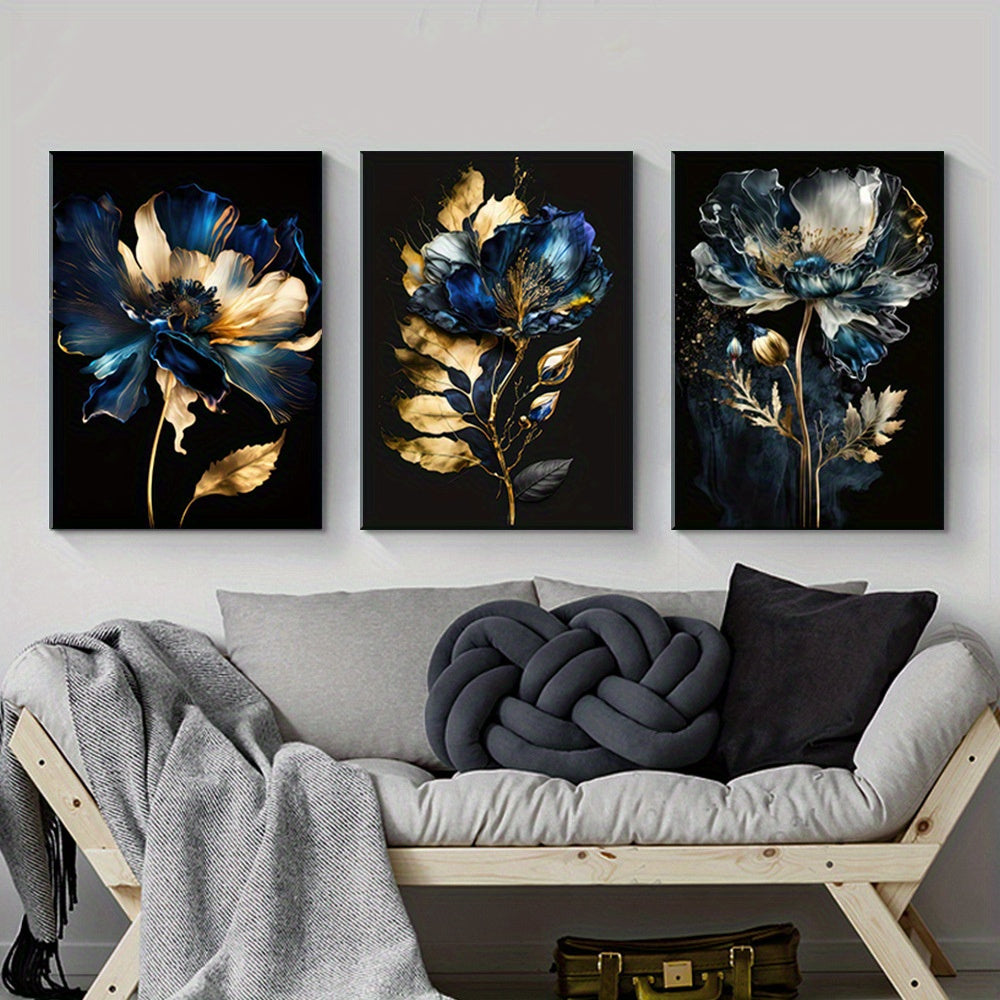 3 Piece Framed 30x45cm/ 12*18in Abstract Golden Blue Flower Canvas Painting Blue and Black Wall Art Modern Flower Wall Art Nordic Poster and Prints Modern Painting Wall Art Picture Living Room Home