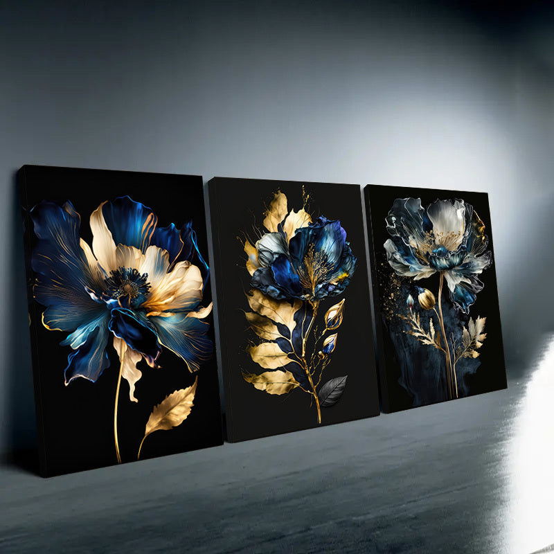 3 Piece Framed 30x45cm/ 12*18in Abstract Golden Blue Flower Canvas Painting Blue and Black Wall Art Modern Flower Wall Art Nordic Poster and Prints Modern Painting Wall Art Picture Living Room Home