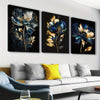 3 Piece Framed 30x45cm/ 12*18in Abstract Golden Blue Flower Canvas Painting Blue and Black Wall Art Modern Flower Wall Art Nordic Poster and Prints Modern Painting Wall Art Picture Living Room Home