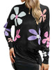 Women's Casual Floral Print Sweaters Long Sleeve Crew Neckline Drop Shoulder Loose Knit Pullover Tops