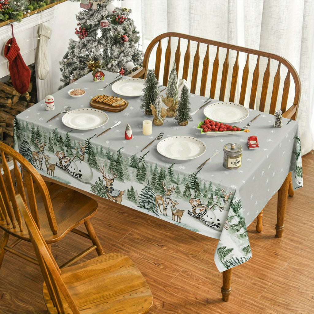 1pc, Sm:e Christmas Square Oval Round Rectangular Tablecloth 60 X 84 Inch Rectangular, Deers Snowman Trees Grey Washable Table Cover For Party Picnic Dinner Kitchen Room Decor 60 X 84/ 60 X 60/ 60 X 104/ 60 X 120/ 52 X 70/ 70 X 70Inch