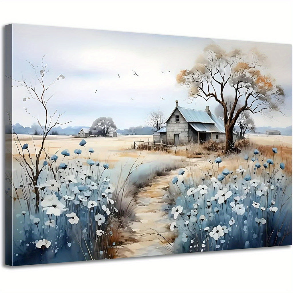 Rustic Farmhouse Canvas Wall Art - Beautiful Field Painting Wildflower Barn Print Nature Scenery Picture French Countryside - Canvas Framed - MADE in USA - For Bathroom, Bedroom, Living Room, Office Wall Decor - Perfect Gift for Home Decor Lovers