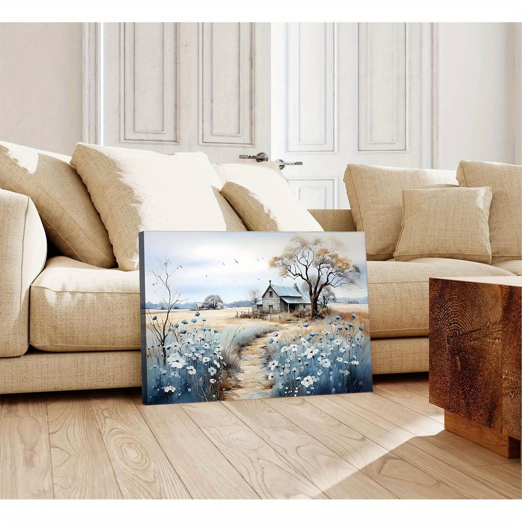 Rustic Farmhouse Canvas Wall Art - Beautiful Field Painting Wildflower Barn Print Nature Scenery Picture French Countryside - Canvas Framed - MADE in USA - For Bathroom, Bedroom, Living Room, Office Wall Decor - Perfect Gift for Home Decor Lovers