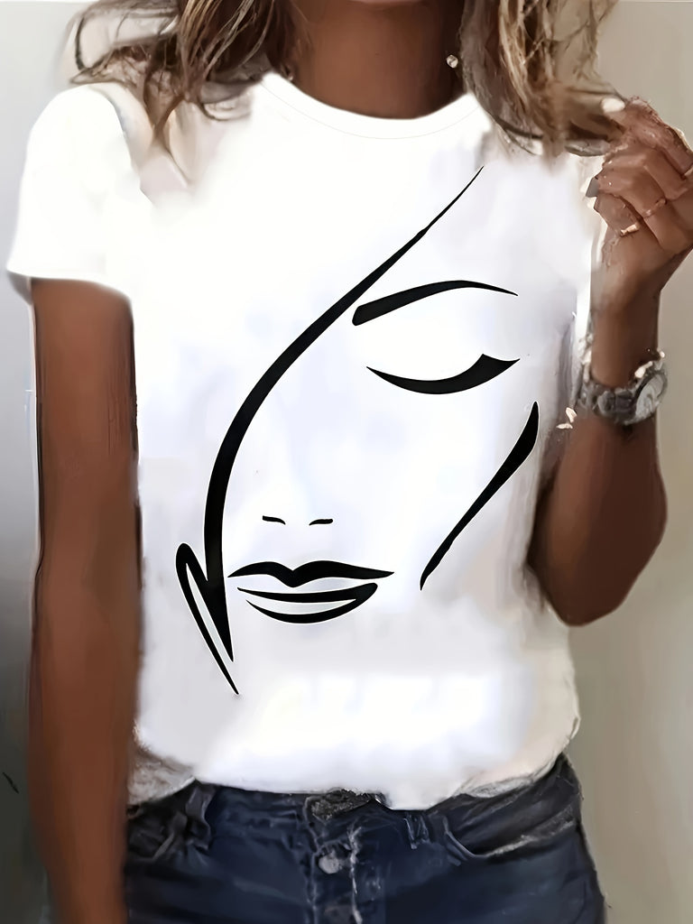 1 Elegant Women's T-shirt, Comfortable Printed T-shirt, Casual Short-sleeved Crewneck Top Spring/ Summer, Women's Wear