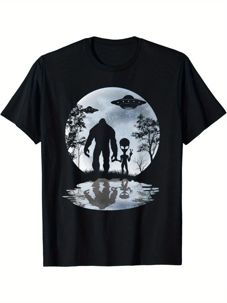 Moon Sasquatch UFO Extraterrestrial Print Men's Cotton T-shirt, Stylish Soft Comfy Summer Tee