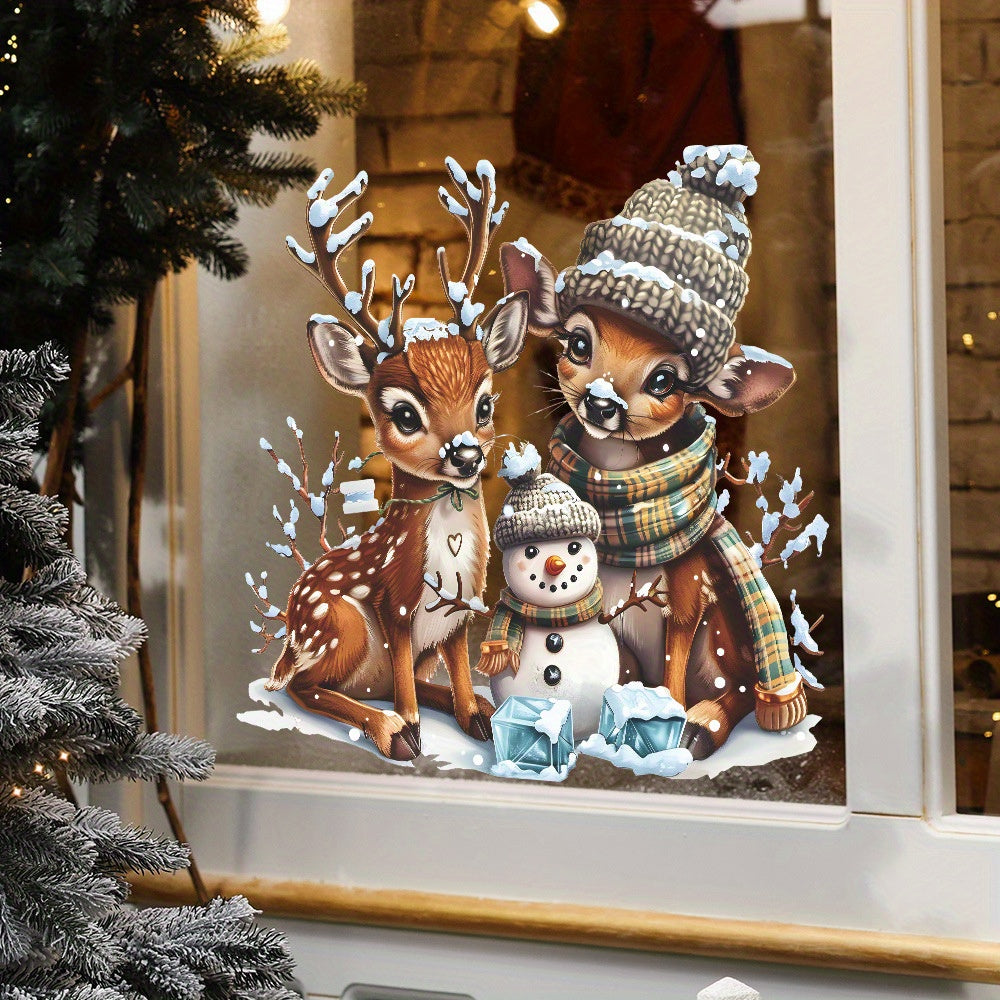 Contemporary PVC Wall Decals, Christmas Reindeer and Snowman Design, Festive Window Clings for Home and Glass Door Decoration