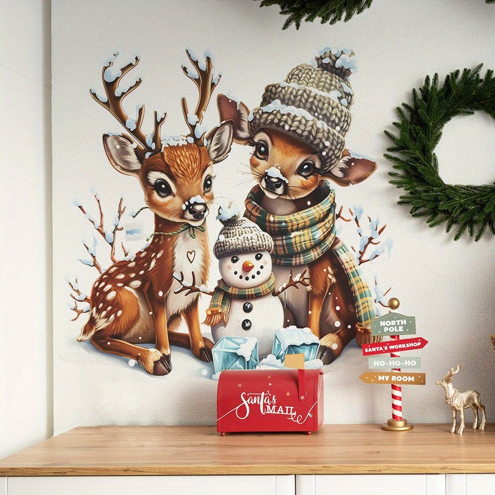 Contemporary PVC Wall Decals, Christmas Reindeer and Snowman Design, Festive Window Clings for Home and Glass Door Decoration