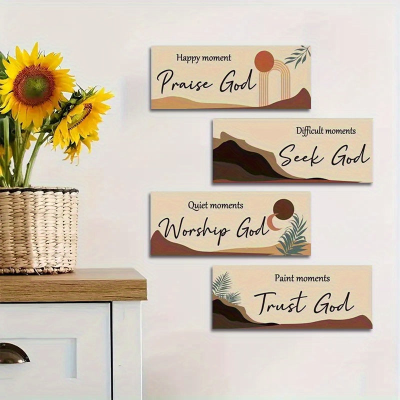 4pcs Boho Inspirational Wall Art Set - Rustic Wooden Bible Verse Signs for Home, Office, Bedroom & Kitchen Decor