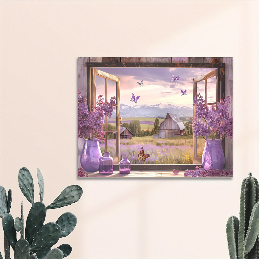 1PC Framed Canvas Wall Art Set with Wooden Frame - Rustic Country Farm Landscape, Purple Flowers in Vase & Butterflies, Farmhouse Decor for Bedroom and Bathroom, 1 Piece, Ready to Hang,