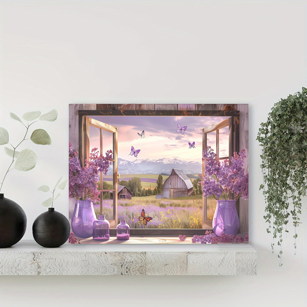 1PC Framed Canvas Wall Art Set with Wooden Frame - Rustic Country Farm Landscape, Purple Flowers in Vase & Butterflies, Farmhouse Decor for Bedroom and Bathroom, 1 Piece, Ready to Hang,