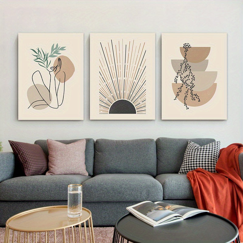 3 Piece Vertical Oblong Wooden Framed Modern Bohemian Artwork - Vibrant Floral Abstract Sun Retro Woman Canvas Print Poster - Minimalist Chic Living Room Bedroom Home Decor Wall Hanging - For Art Lovers & Home Decor Enthusiasts - Perfect Gift