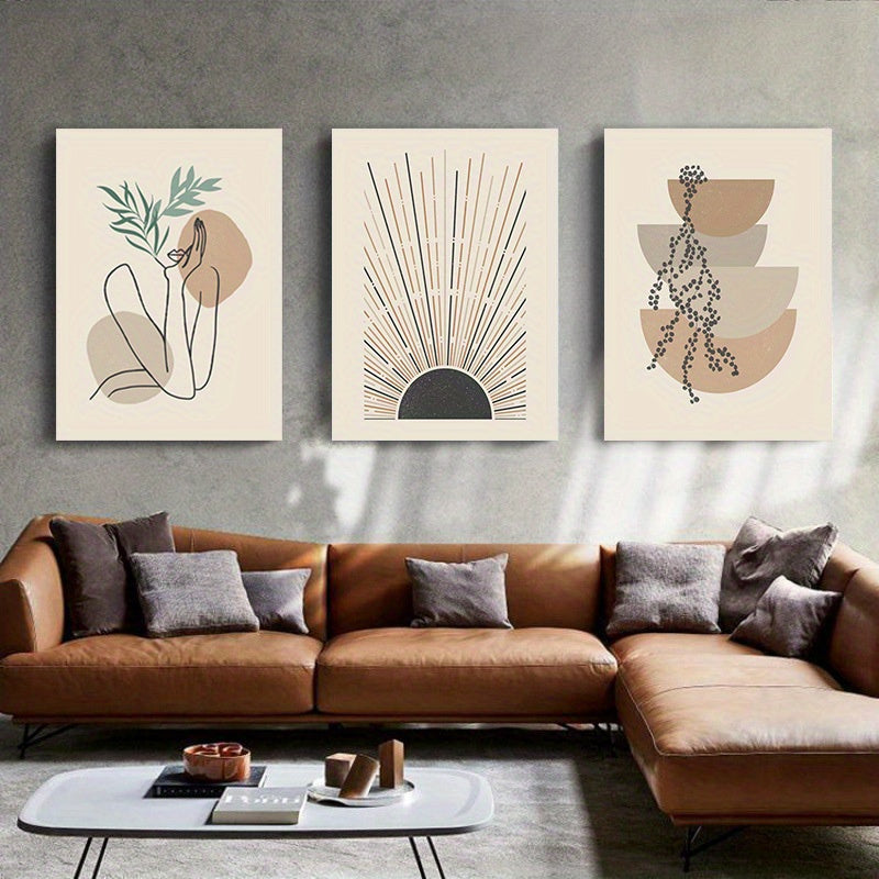 3 Piece Vertical Oblong Wooden Framed Modern Bohemian Artwork - Vibrant Floral Abstract Sun Retro Woman Canvas Print Poster - Minimalist Chic Living Room Bedroom Home Decor Wall Hanging - For Art Lovers & Home Decor Enthusiasts - Perfect Gift