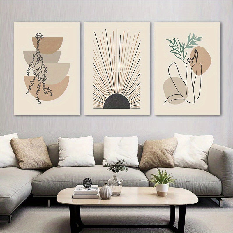 3 Piece Vertical Oblong Wooden Framed Modern Bohemian Artwork - Vibrant Floral Abstract Sun Retro Woman Canvas Print Poster - Minimalist Chic Living Room Bedroom Home Decor Wall Hanging - For Art Lovers & Home Decor Enthusiasts - Perfect Gift