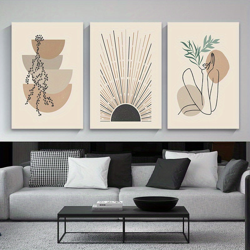 3 Piece Vertical Oblong Wooden Framed Modern Bohemian Artwork - Vibrant Floral Abstract Sun Retro Woman Canvas Print Poster - Minimalist Chic Living Room Bedroom Home Decor Wall Hanging - For Art Lovers & Home Decor Enthusiasts - Perfect Gift