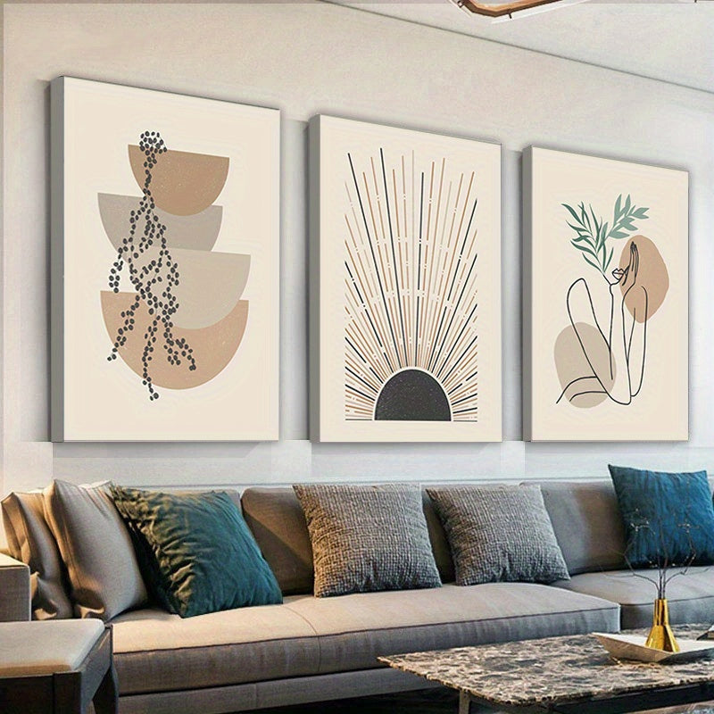 3 Piece Vertical Oblong Wooden Framed Modern Bohemian Artwork - Vibrant Floral Abstract Sun Retro Woman Canvas Print Poster - Minimalist Chic Living Room Bedroom Home Decor Wall Hanging - For Art Lovers & Home Decor Enthusiasts - Perfect Gift