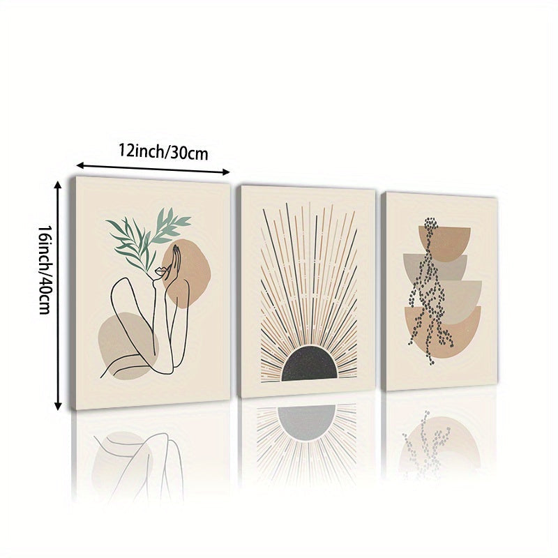 3 Piece Vertical Oblong Wooden Framed Modern Bohemian Artwork - Vibrant Floral Abstract Sun Retro Woman Canvas Print Poster - Minimalist Chic Living Room Bedroom Home Decor Wall Hanging - For Art Lovers & Home Decor Enthusiasts - Perfect Gift