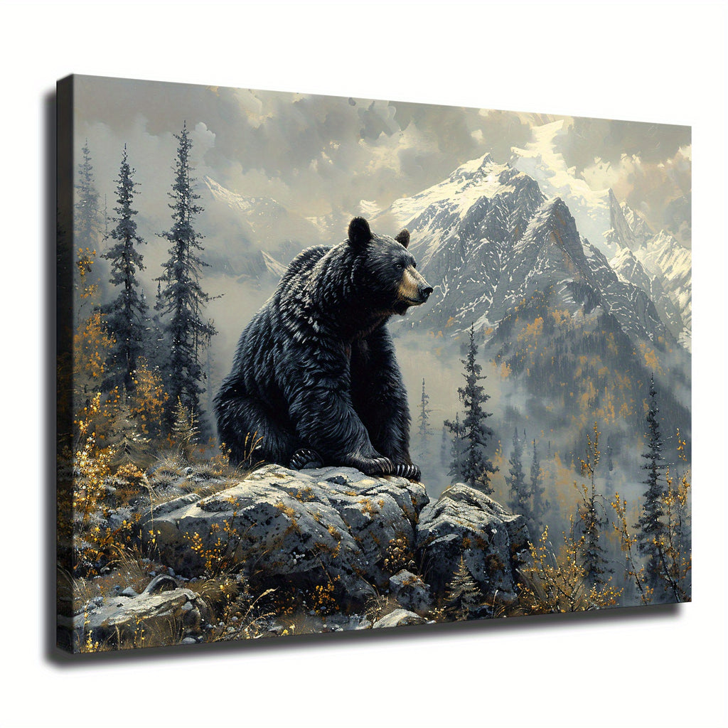 Forest Black Bear Painted Animal Poster Picture Room Decor Art Stretched and Frame Ready To Hang - Framed