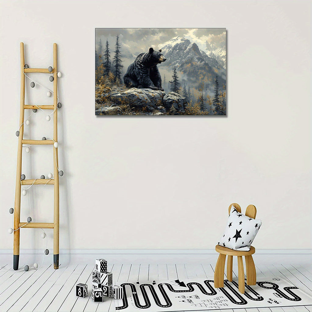 Forest Black Bear Painted Animal Poster Picture Room Decor Art Stretched and Frame Ready To Hang - Framed