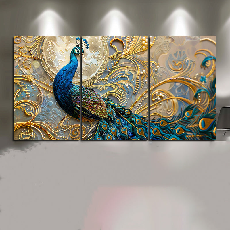 Set of 3 Peacock Canvas Wall Art Prints - Modern Abstract Style, Major Material Cloth, Frameless Triptych Decorative Paintings for Living Room, Bedroom, 12x18 Inches Each