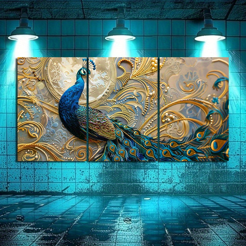 Set of 3 Peacock Canvas Wall Art Prints - Modern Abstract Style, Major Material Cloth, Frameless Triptych Decorative Paintings for Living Room, Bedroom, 12x18 Inches Each