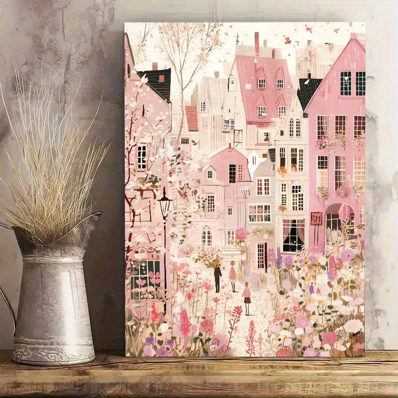 House Decoration Digital Painting - Warm Pink Village Street Scene, with Hanging Frame, Suitable for Bathroom, Room, and Living Room Decoration, Size 11inch by 14inch