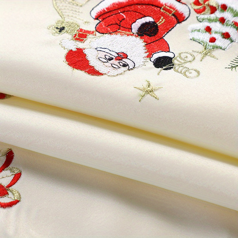 Christmas Santa Claus Embroidered Round Tablecloth - 33.46inch, Polyester, Machine Made for Weddings, Showers, Birthdays & Holiday Gatherings