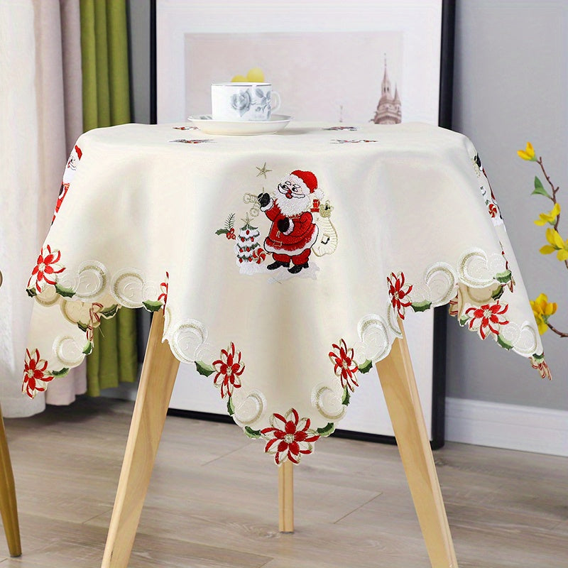 Christmas Santa Claus Embroidered Round Tablecloth - 33.46inch, Polyester, Machine Made for Weddings, Showers, Birthdays & Holiday Gatherings