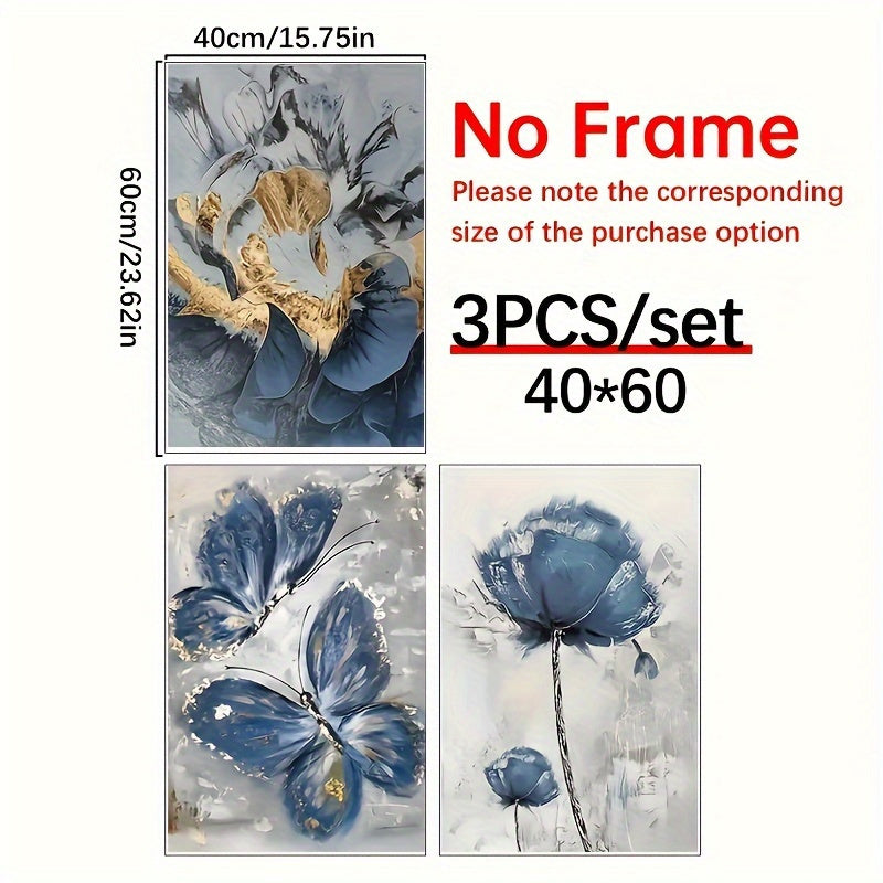 3pcs Luxury Flower Butterfly Oil Painting Wall Art Canvas Painting for Living Room Decor - Wooden Framed -  For Home Decor Enthusiasts - Perfect Gift for Art Lovers