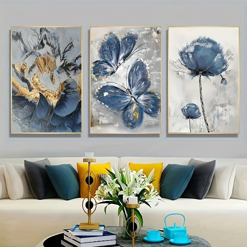 3pcs Luxury Flower Butterfly Oil Painting Wall Art Canvas Painting for Living Room Decor - Wooden Framed -  For Home Decor Enthusiasts - Perfect Gift for Art Lovers