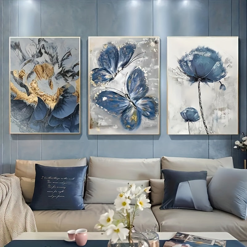 3pcs Luxury Flower Butterfly Oil Painting Wall Art Canvas Painting for Living Room Decor - Wooden Framed -  For Home Decor Enthusiasts - Perfect Gift for Art Lovers