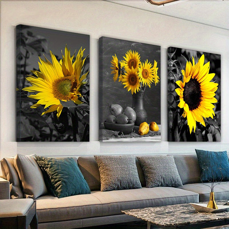 Wooden Framed 3 Piece Sunflower Wall Decor Picture Painting Black and White Poster Country Wall Art Rustic Decorative Paintings Modern Sunflowers Painting Picture for Bedroom Livin